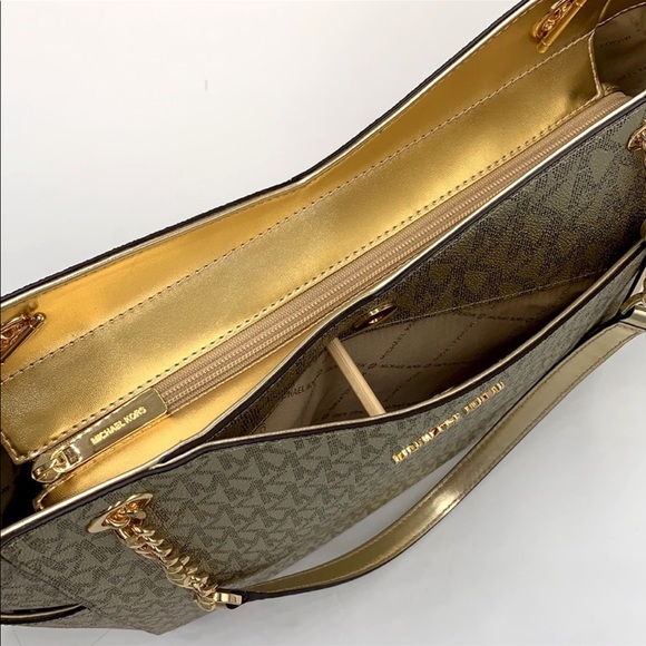 MICHAEL KORS LARGE X CHAIN SHOULDER TOTE BAG PALE GOLD COLOR - Picture 12 of 16